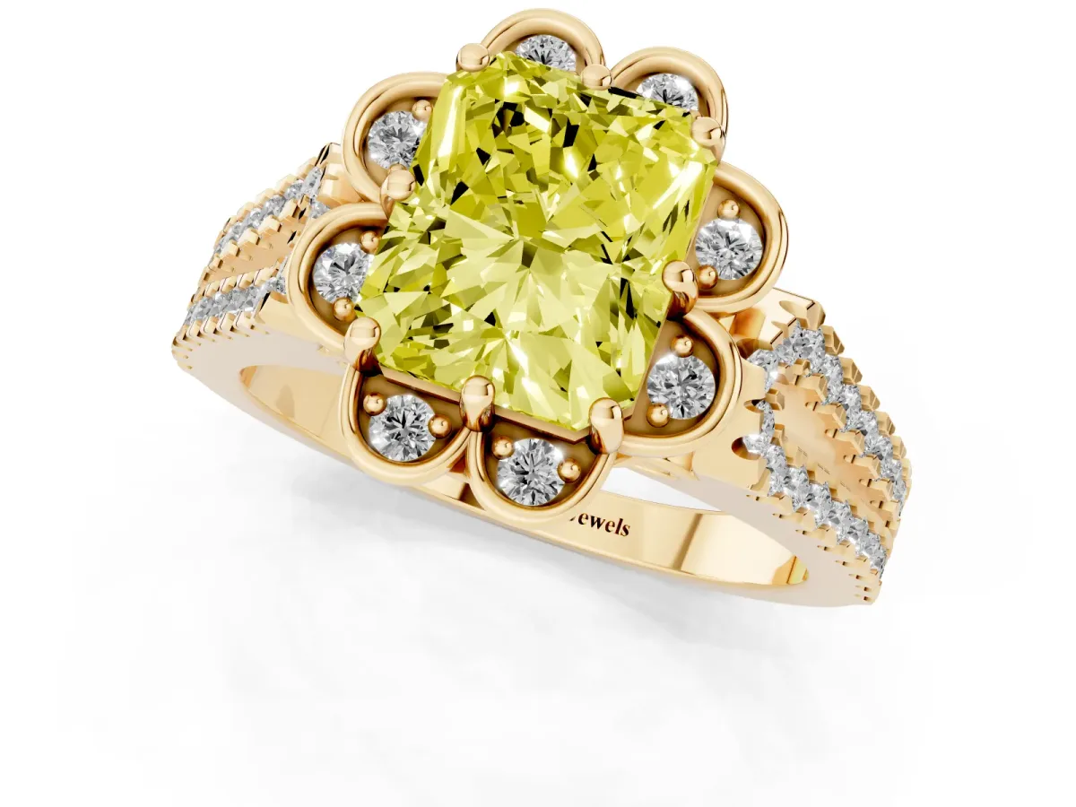 Fancy Yellow Radiant Cut Halo Diamond Floral Split Shank Engagement Ring Yellow gold