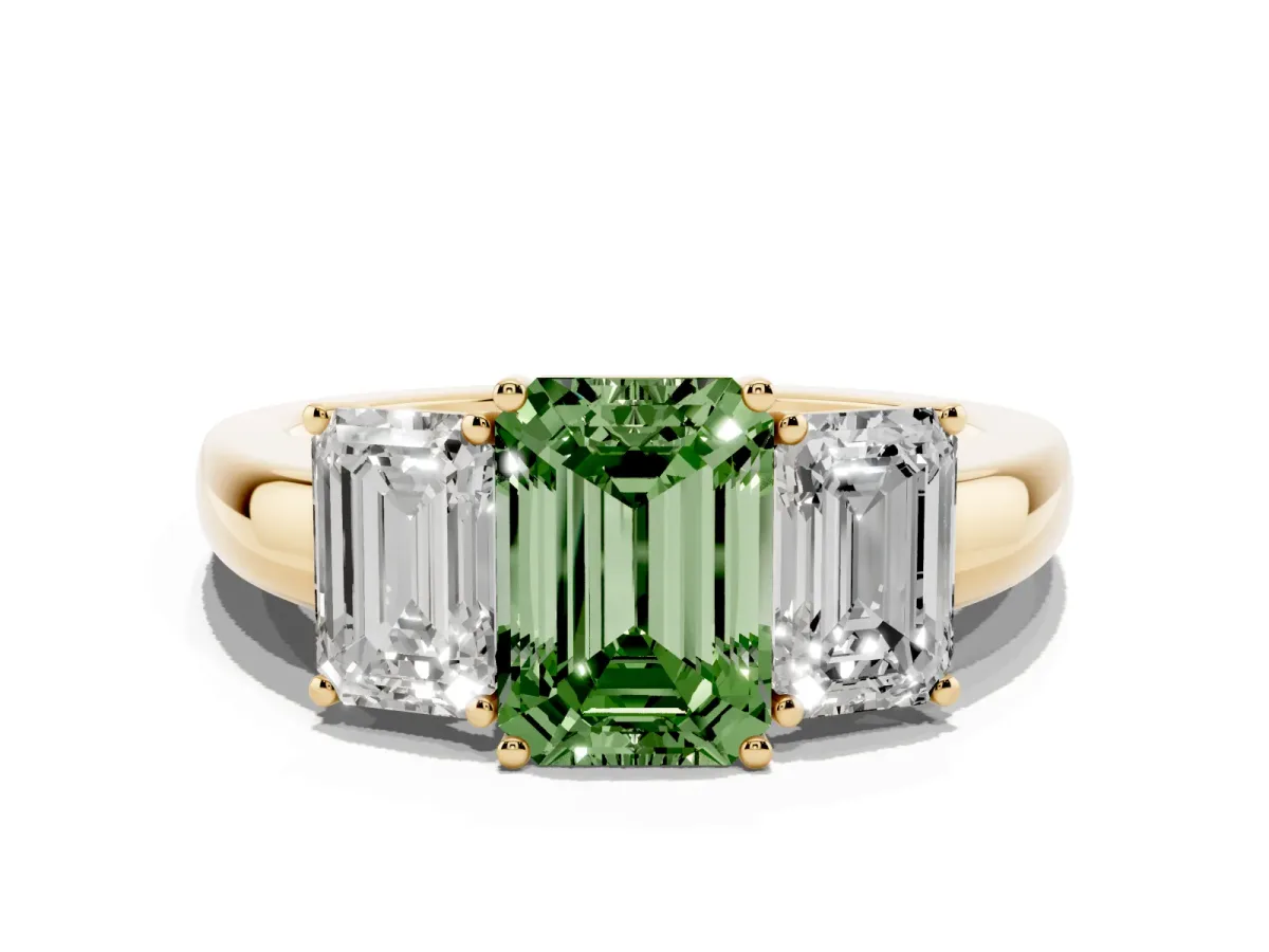 Fancy Green Emerald Cut Diamond Three-Stone Ring with Four-Prong Setting and Classic Band Yellow gold