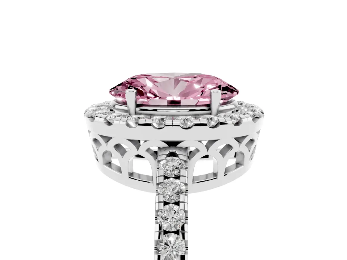 Fancy Pink Oval Cut Halo Diamond Engagement Ring with Pavé Band and Four-Prong Setting Platinum