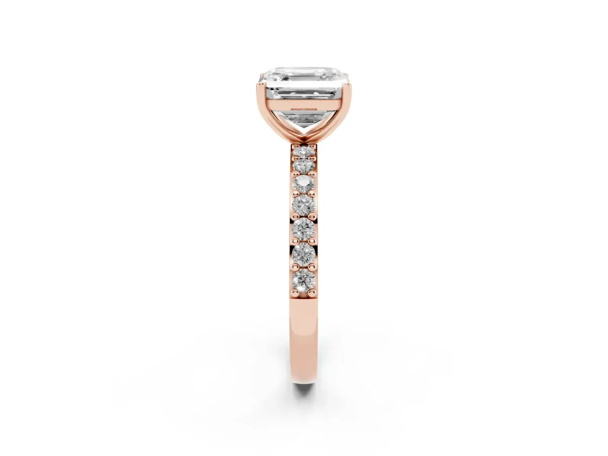 Asscher Cut Cut Diamond Solitaire with Pave Band and Four-Prong Setting Rose gold