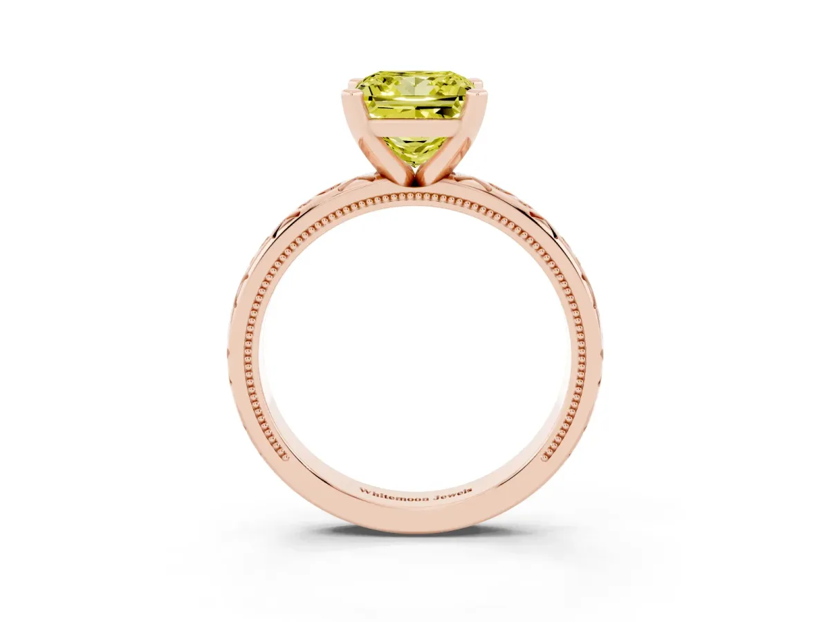 Fancy Yellow Princess Cut Solitaire Engagement Ring with Scrollwork Band and Four-Prong Setting Rose gold