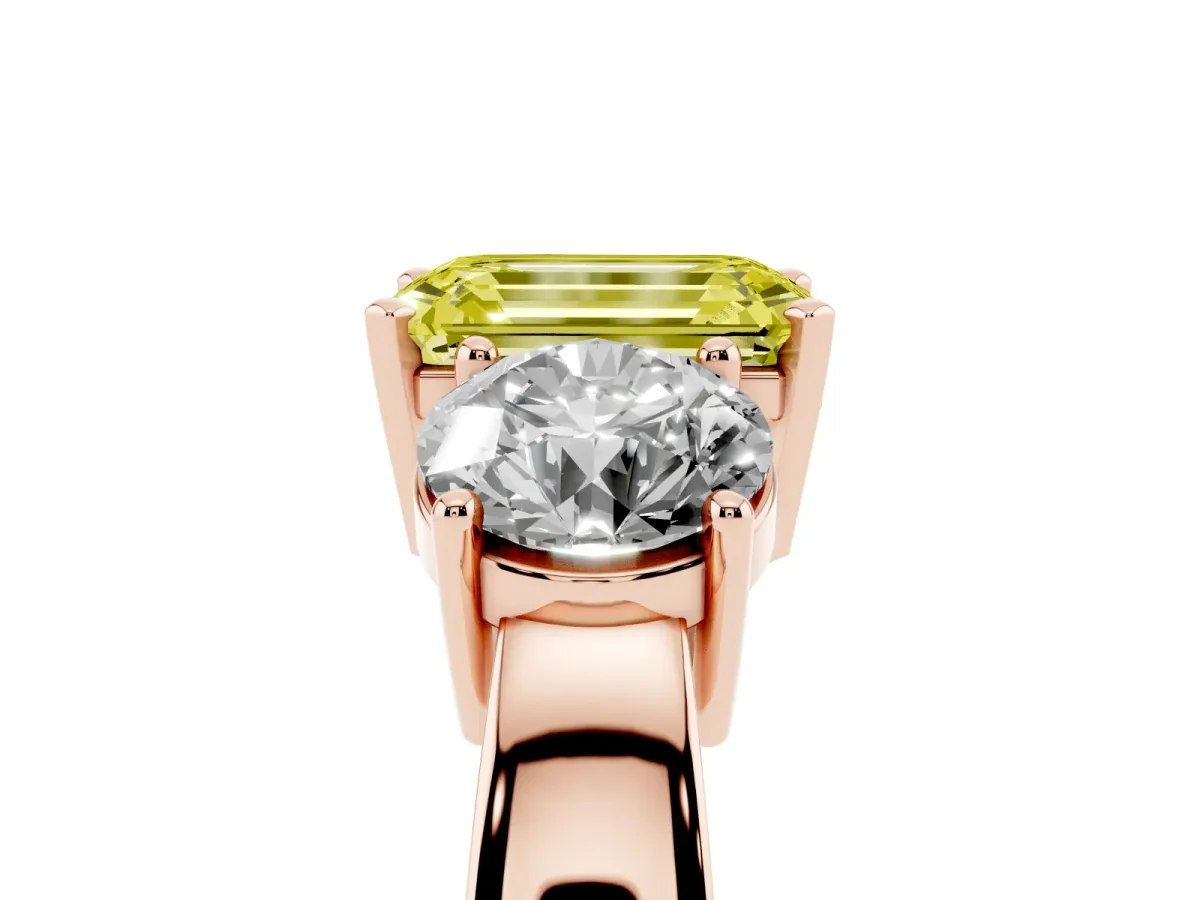 Fancy Yellow Three-Stone Emerald Cut Diamond Ring with Round Side Stones, Classic Band, and Four-Prong Setting Rose gold