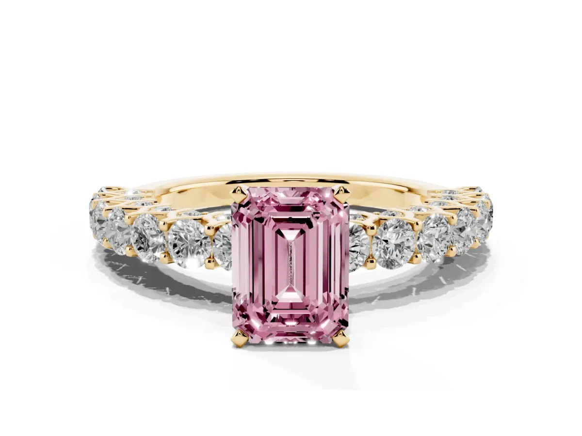 Fancy Pink Emerald Cut Diamond Solitaire Ring with Shared Prong Pavé Band and Four-Prong Setting Yellow gold