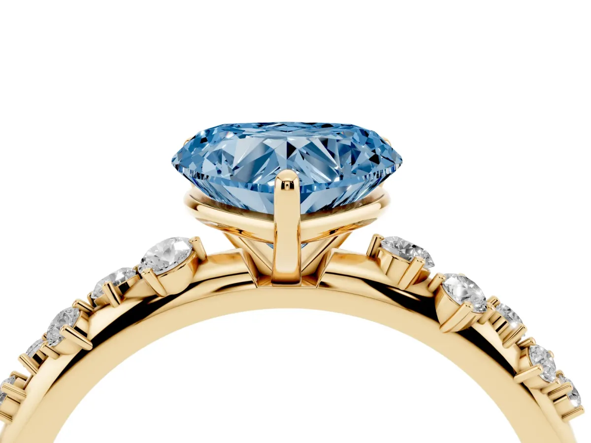 Fancy Blue Heart Cut Diamond Cluster Prong-Set Solitaire Ring Yellow gold