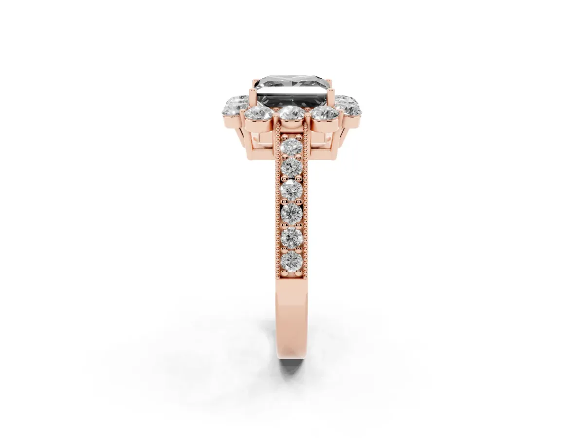 Fancy Black Princess Cut Cut Halo Diamond Pavé Engagement Ring with Milgrain Detailing Rose gold