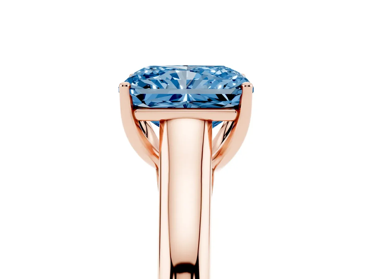 Fancy Blue Radiant Cut Solitaire Engagement Ring with Tapered Band and Four-Prong Setting Rose gold