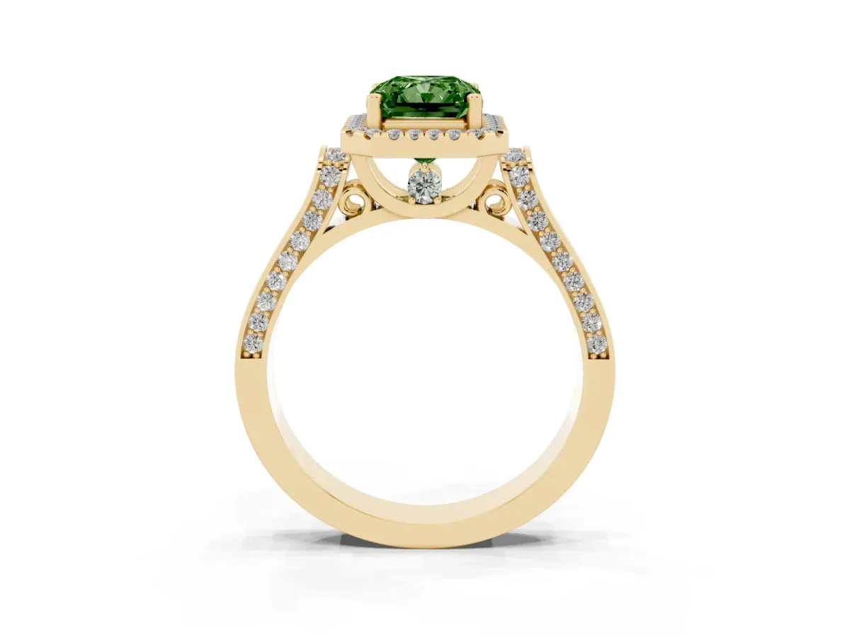 Fancy Green Radiant Cut Halo Pave Split Shank Prong Setting Ring Yellow gold