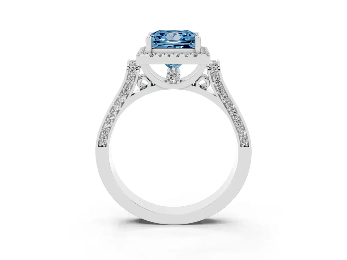 Fancy Blue Princess Cut Halo Round Diamond Twist Band with Four-Prong Setting White gold
