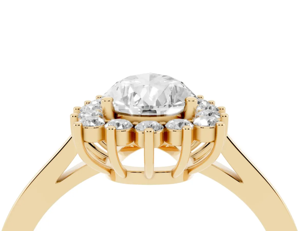 Pear Cut Cut Diamond Halo Ring with Round Brilliant Halo and Solitaire Band Yellow gold