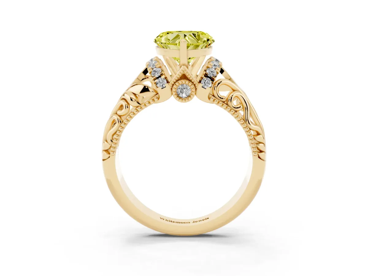 Fancy Yellow Heart Cut Solitaire Filigree Engagement Ring with Halo and Prong Setting Yellow gold
