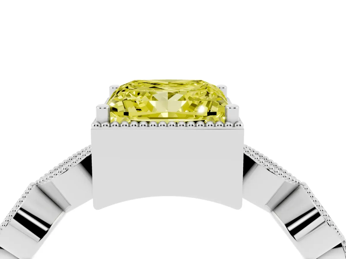 Fancy Yellow Princess Cut Diamond Vintage Milgrain Ring with Round Stations Silver