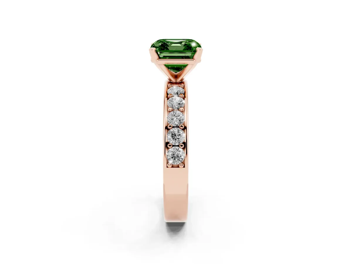 Fancy Green Asscher Cut Diamond Engagement Ring with Channel Set Round Band and Prong Setting Rose gold