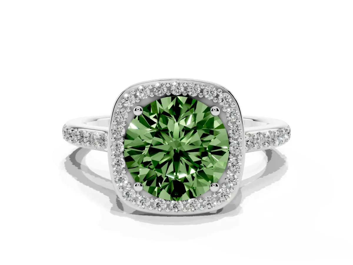 Fancy Green Round Cut Diamond Halo Engagement Ring with Round Pavé Shoulders and Prong Setting Silver