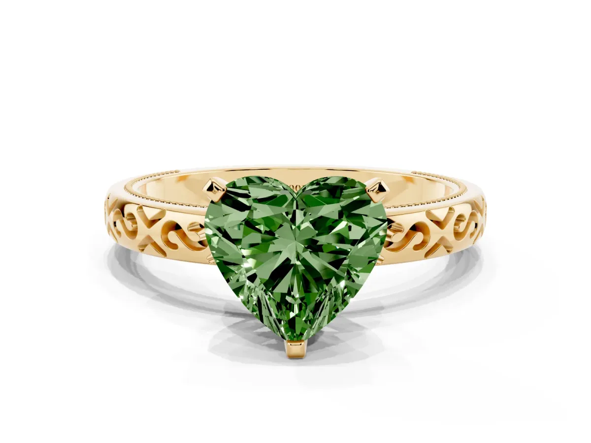 Fancy Green Heart Cut Solitaire Engagement Ring with Scrollwork Band and Four-Prong Setting Yellow gold