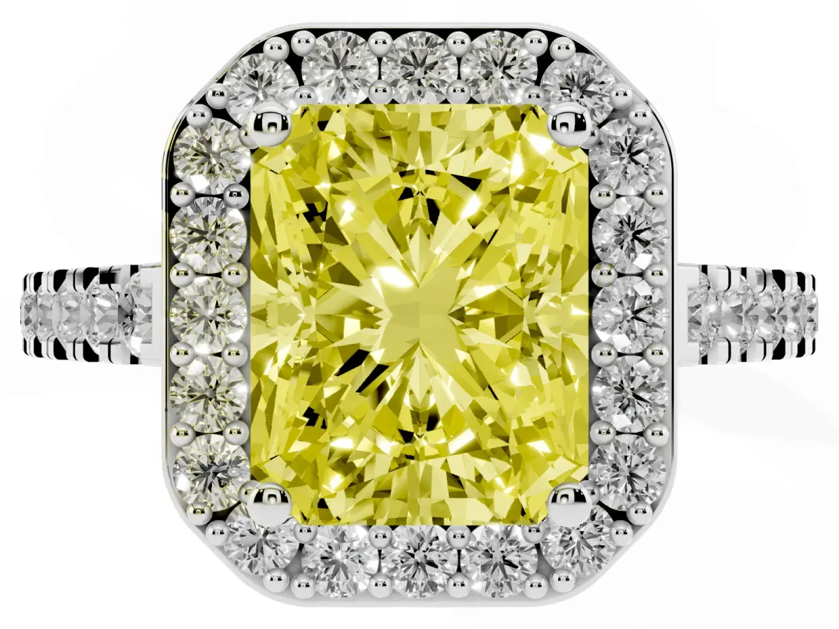 Fancy Yellow Radiant Cut Diamond Halo Ring with Round Pavé Split Shank and Prong Setting Silver