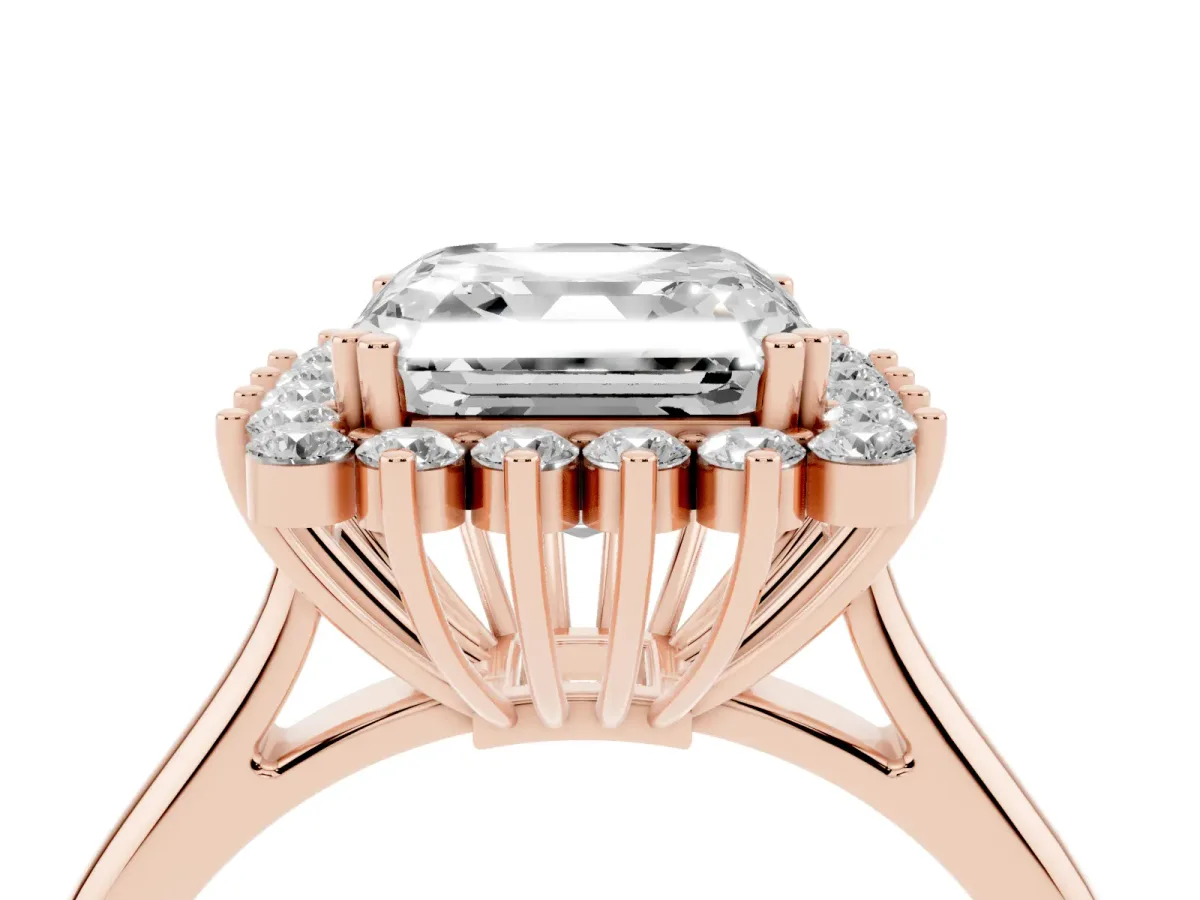 Asscher Cut Cut Diamond Halo Ring with Solitaire Band and Prong Setting Rose gold
