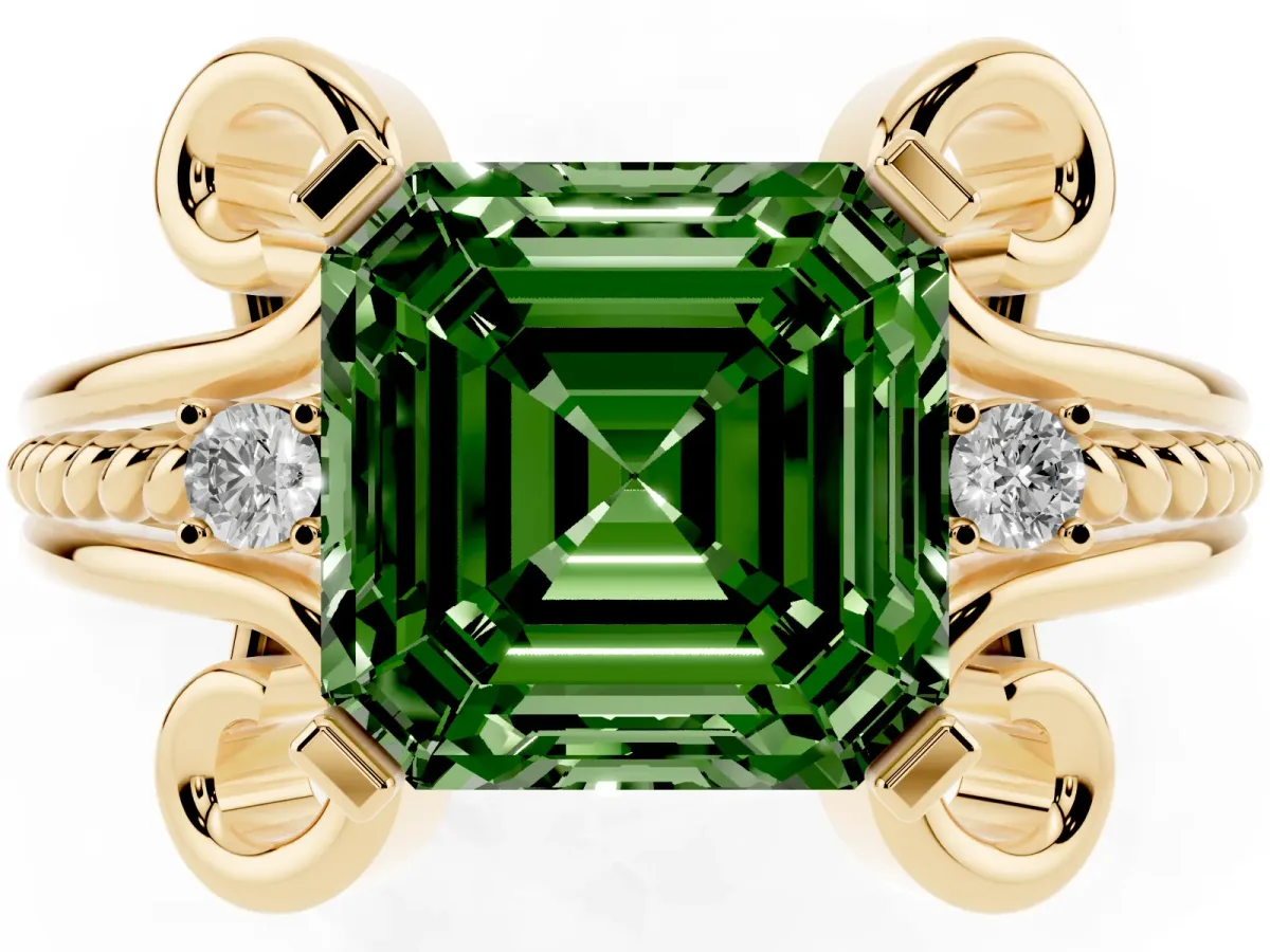 Fancy Green Asscher Cut Solitaire Twisted Band Scroll Prong Ring Yellow gold