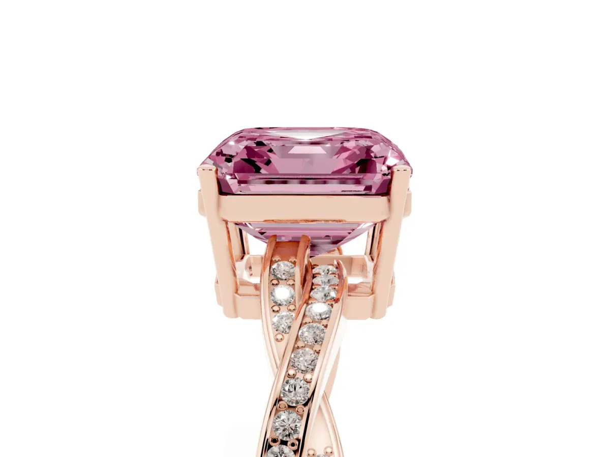Fancy Pink Asscher Cut Solitaire Twisted Pave Diamond Ring with Four-Prong Setting Rose gold