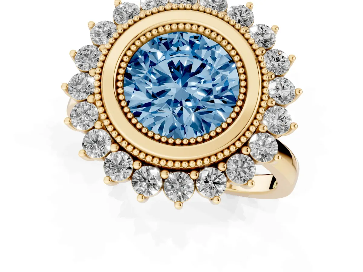 Fancy Blue Round Cut Halo Diamond Ring with Milgrain Edge and Round Prong Setting Yellow gold