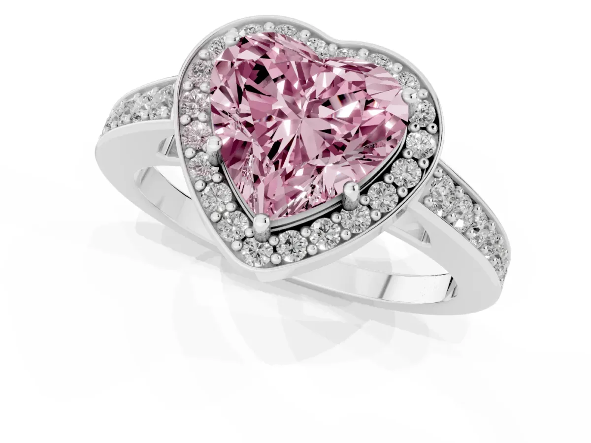 Fancy Pink Heart Cut Halo Pavé Diamond Engagement Ring with Bezel Setting Silver