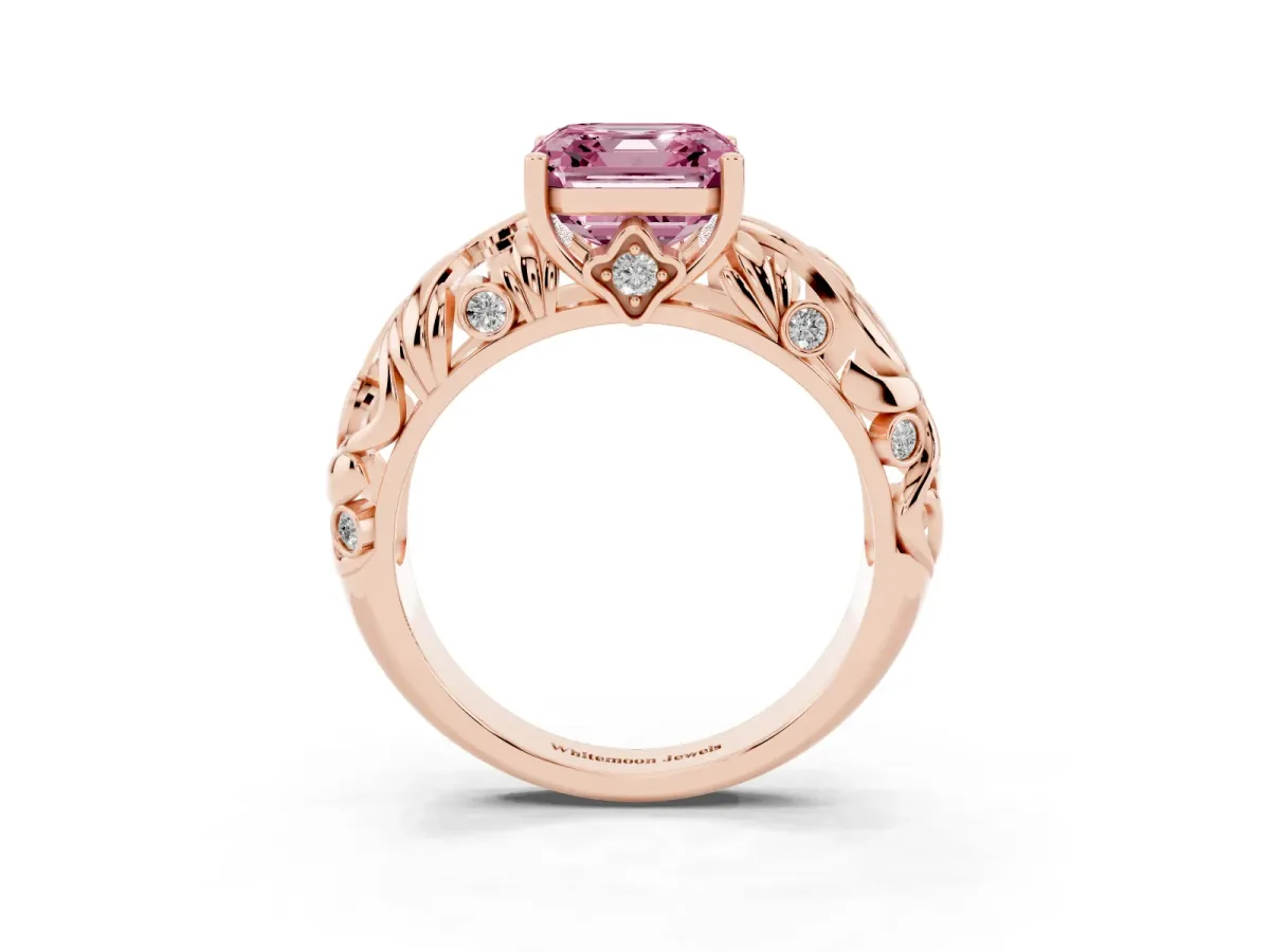 Fancy Pink Asscher Cut Solitaire Diamond Leaf-Inspired Vine Band Ring with Prong Setting Rose gold