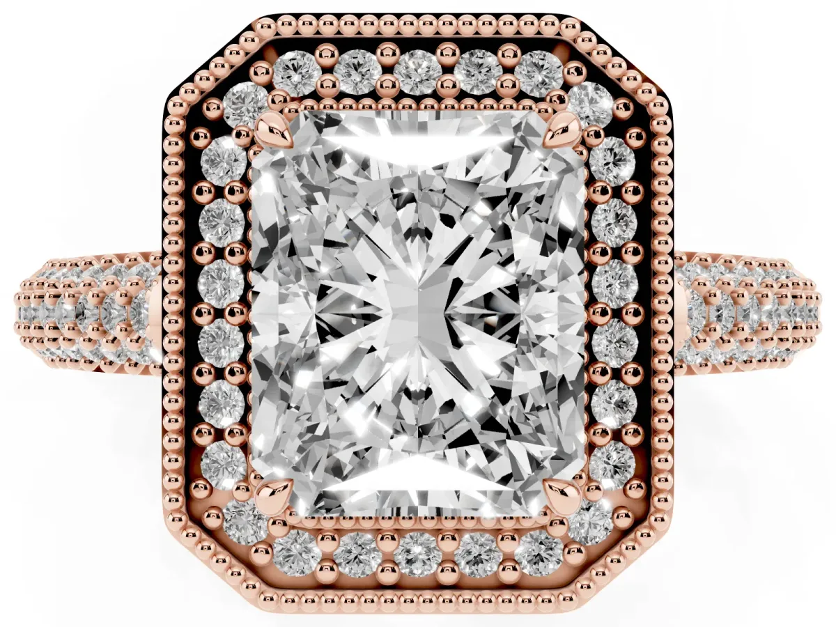 Radiant Cut Cut Halo Diamond Pave Band with Four-Prong Setting Rose gold
