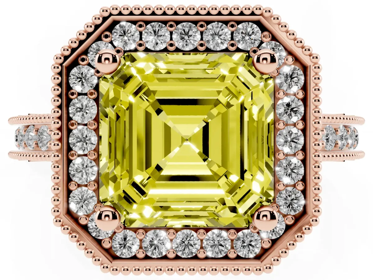 Fancy Yellow Asscher Cut Diamond Milgrain Halo Engagement Ring with Round Pavé Band and Prong Setting Rose gold