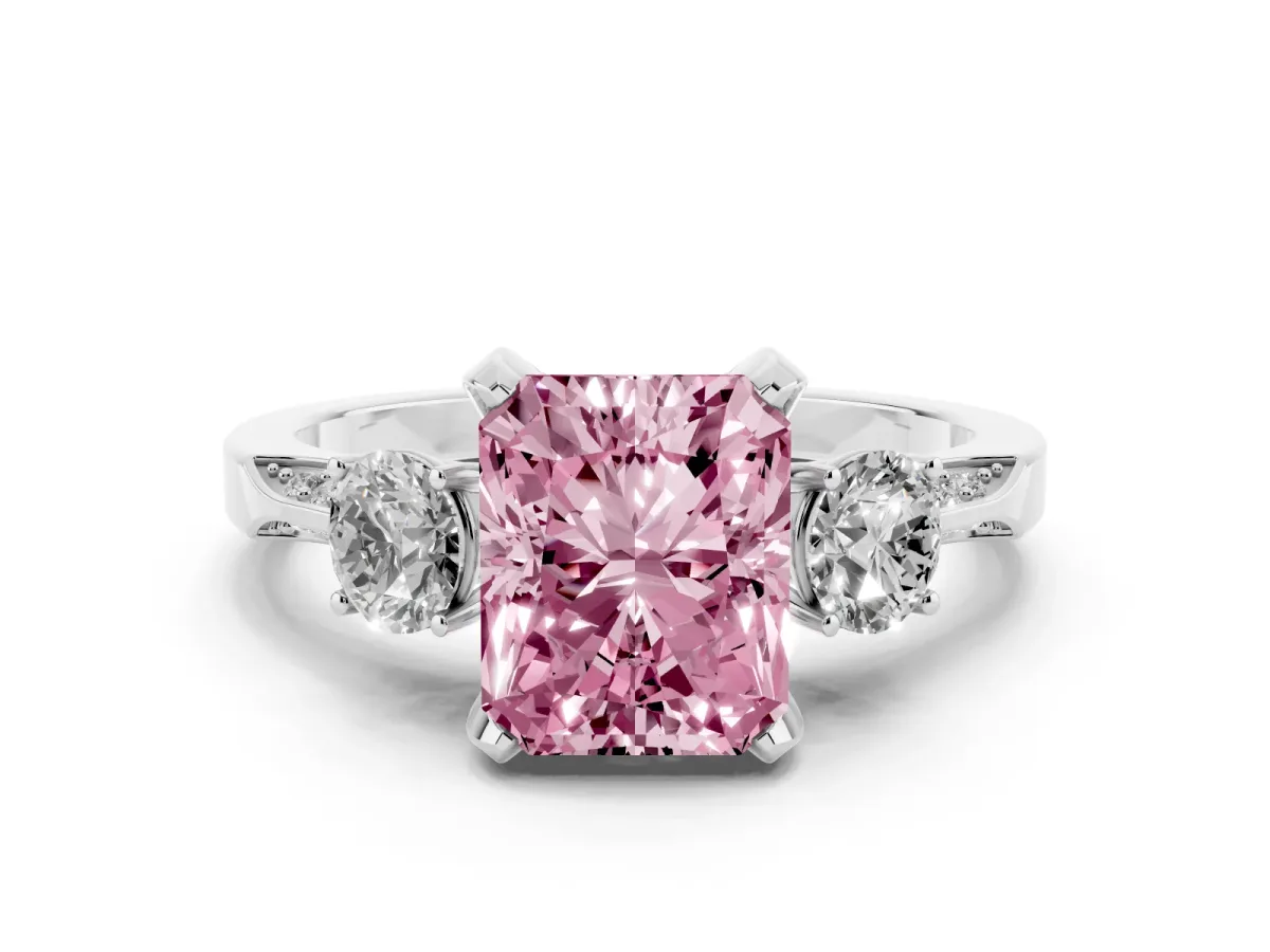 Fancy Pink Radiant Cut Brilliant Three-Stone Diamond Ring with Pavé Band and Four-Prong Setting White gold