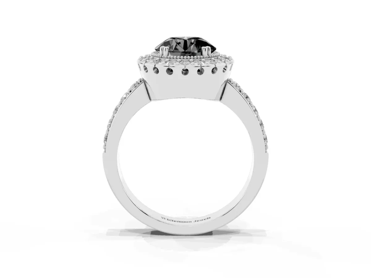 Fancy Black Round Cut Diamond Halo Ring with Pavé Band and Prong Setting Silver