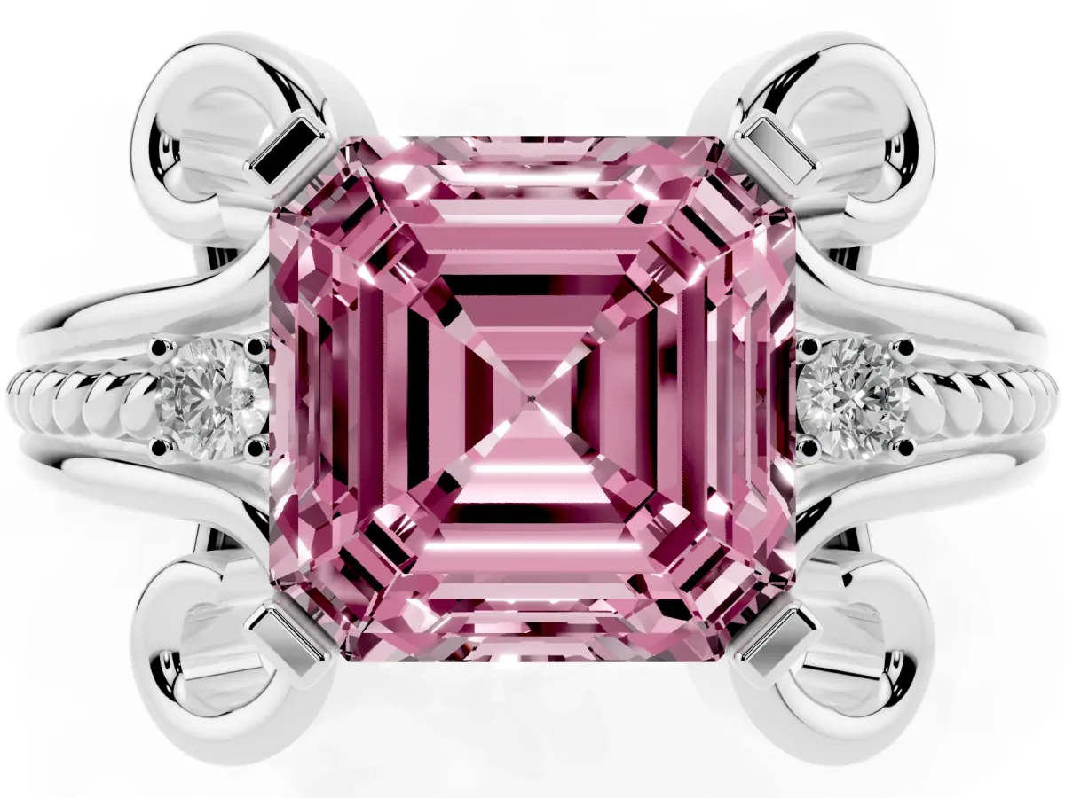 Fancy Pink Asscher Cut Solitaire Twisted Band Scroll Prong Ring White gold