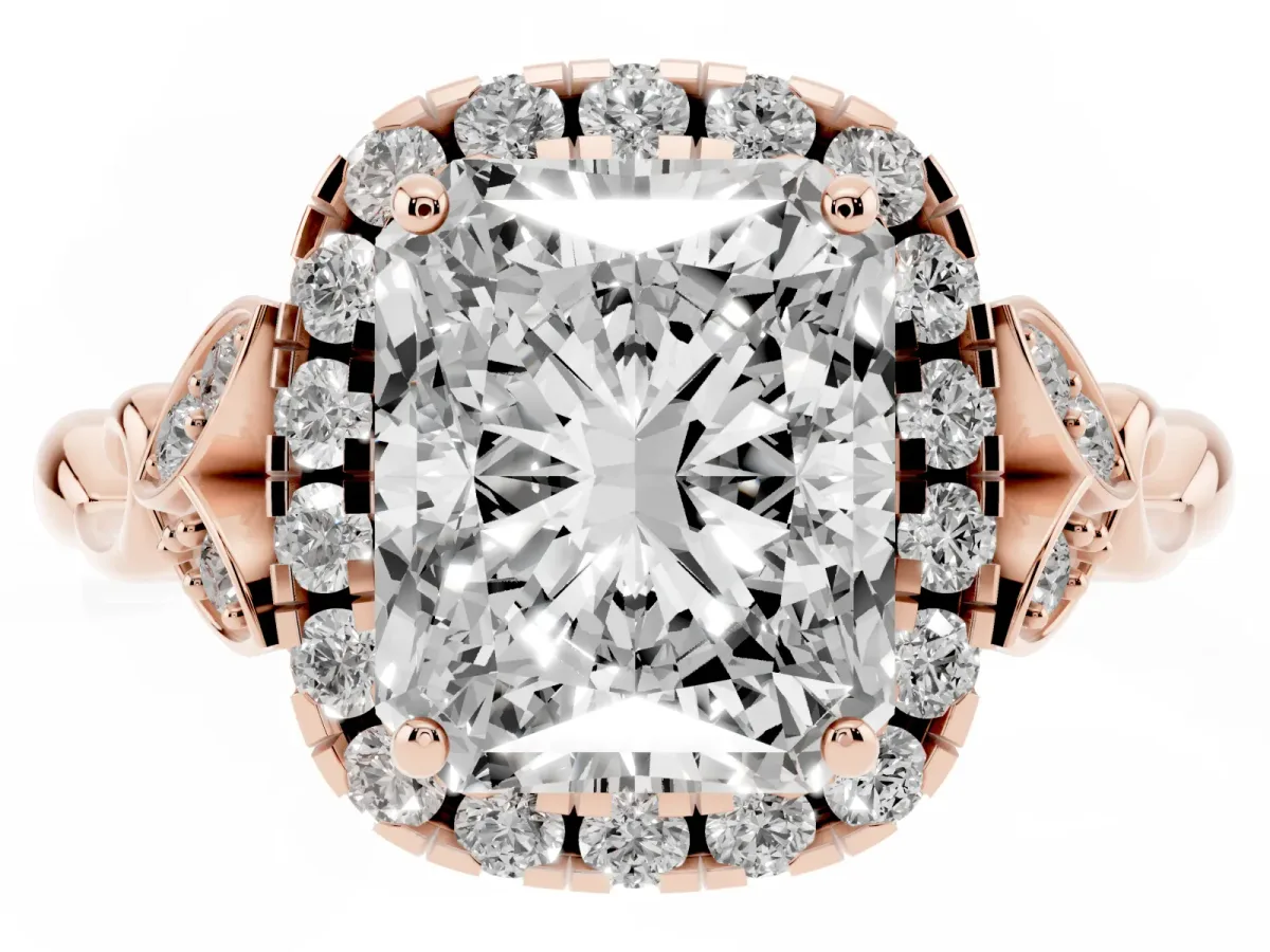 Radiant Cut Halo Diamond Engagement Ring with Vintage-Inspired Band and Four-Prong Setting Rose gold