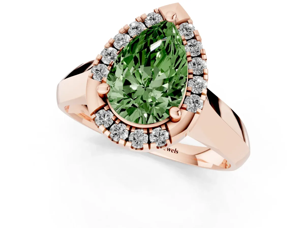 Fancy Green Pear Cut Cut Halo Solitaire Engagement Ring with Square Band and Four-Prong Setting Rose gold