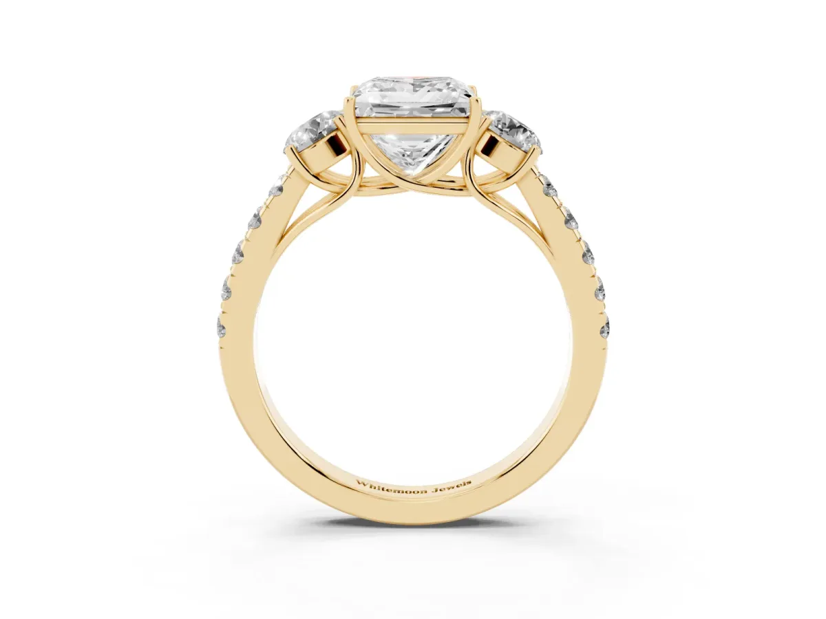 Princess Cut Cut Diamond Three-Stone Ring with Round Side Stones and Pavé Band Yellow gold