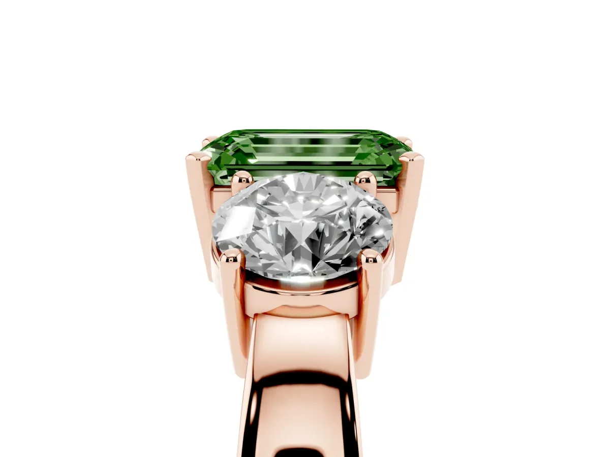 Fancy Green Three-Stone Emerald Cut Diamond Ring with Round Side Stones, Classic Band, and Four-Prong Setting Rose gold