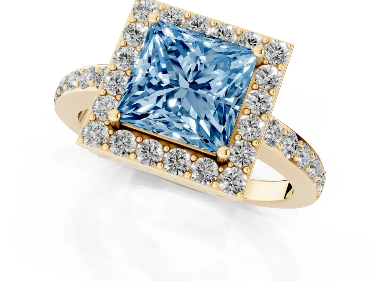 Fancy Blue Princess Cut Halo Diamond Pavé Band Ring with Prong Setting Yellow gold