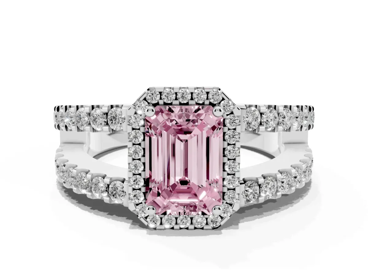 Fancy Pink Emerald Cut Cut Halo Split Shank Diamond Ring with Four-Prong Setting Silver