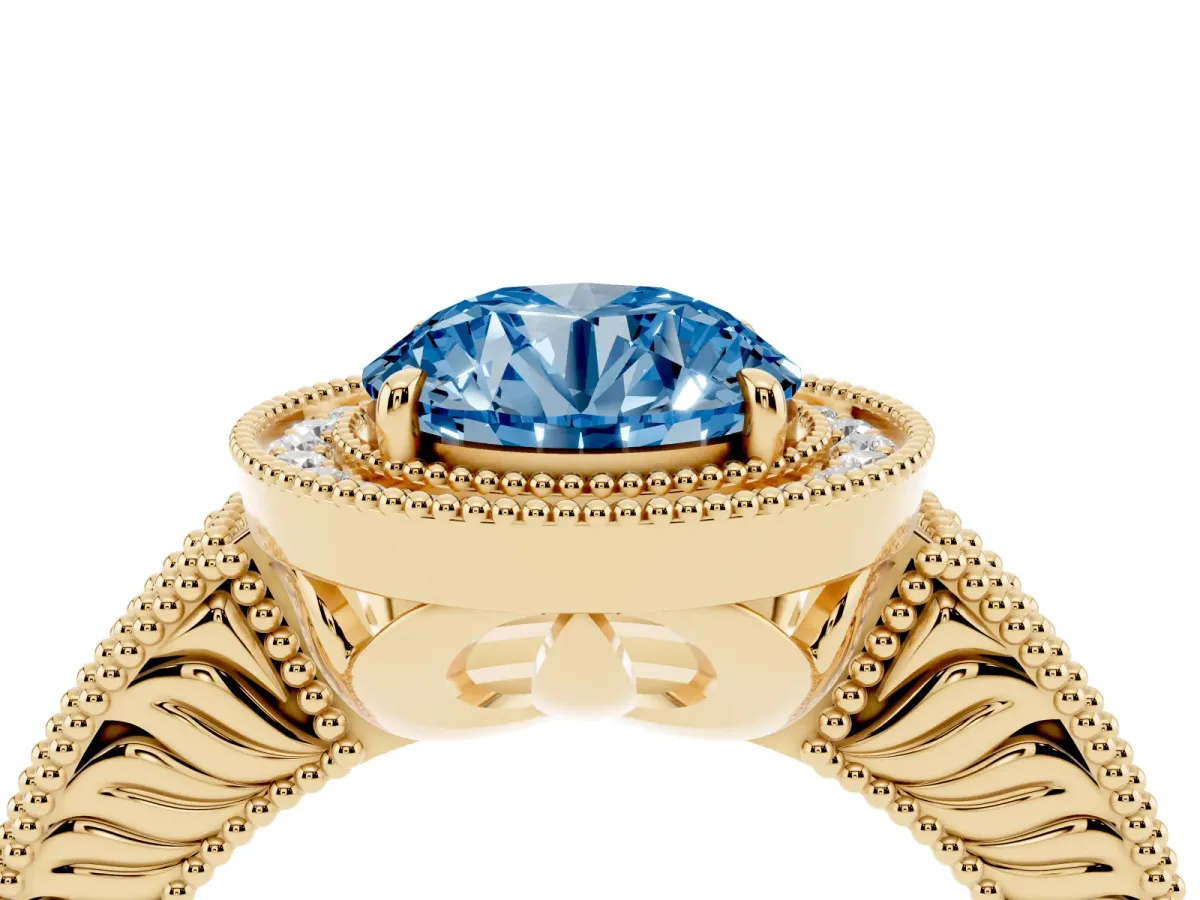 Fancy Blue Round Cut Cut Halo Diamond Ring with Pavé Band and Four-Prong Setting Yellow gold