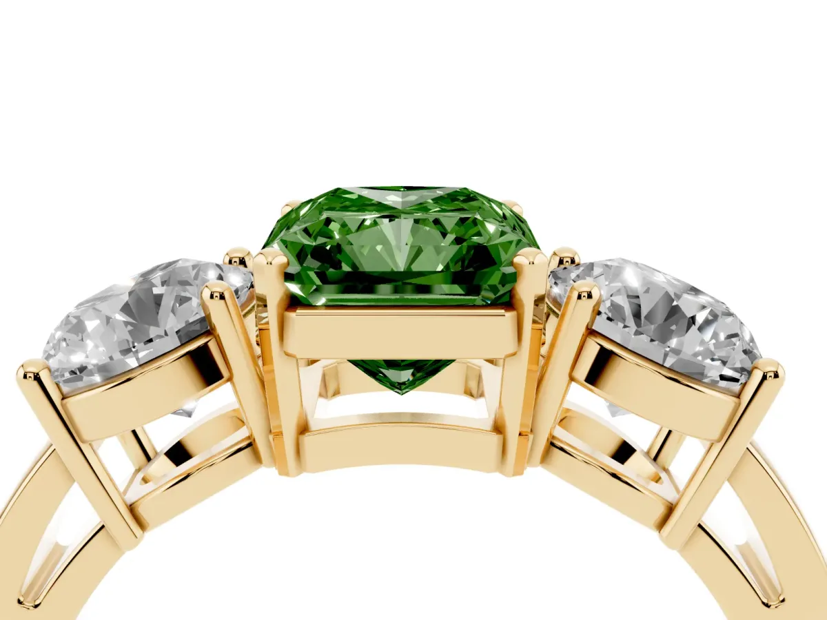 Fancy Green Three-Stone Radiant Cut Diamond Ring with Round Side Stones, Classic Band, and Four-Prong Setting Yellow gold