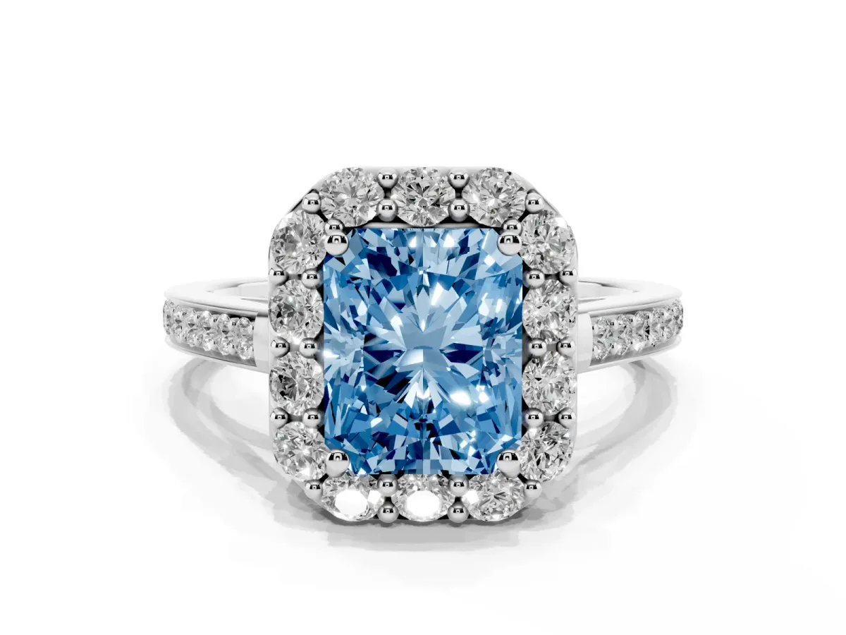 Fancy Blue Radiant Cut Diamond Floral Halo Ring with Pavé Band and Prong Setting White gold