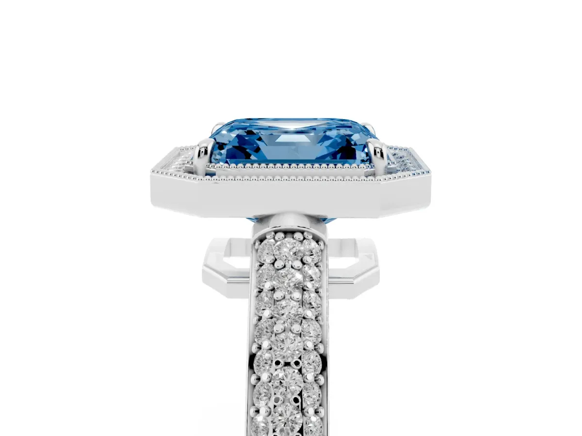 Fancy Blue Asscher Cut Cut Halo Diamond Pave Band with Four-Prong Setting Platinum