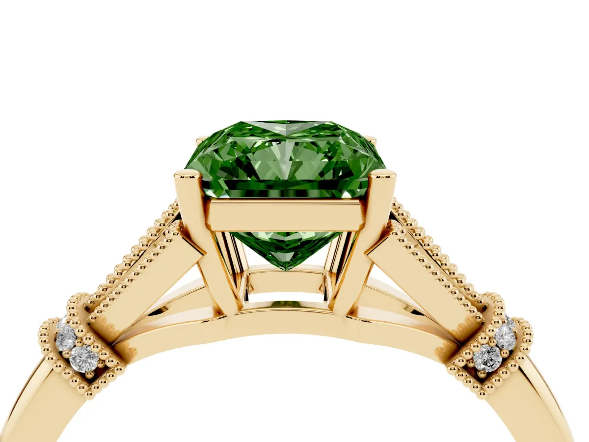 Fancy Green Radiant Cut Diamond Solitaire Ring with Floral Filigree and Pave Accents Yellow gold