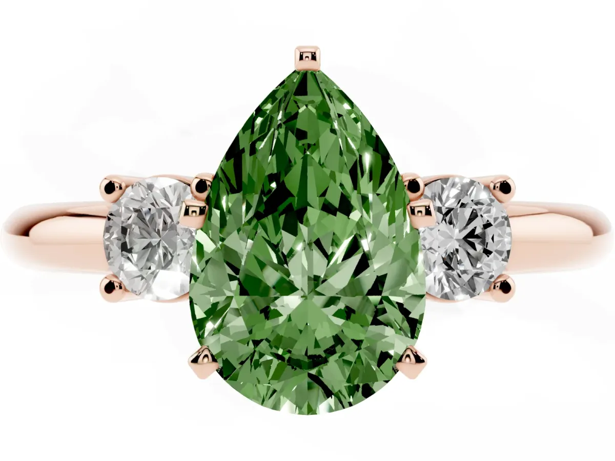Fancy Green Three-Stone Pear Cut Cut Diamond Solitaire with Prong Setting and Classic Band Rose gold
