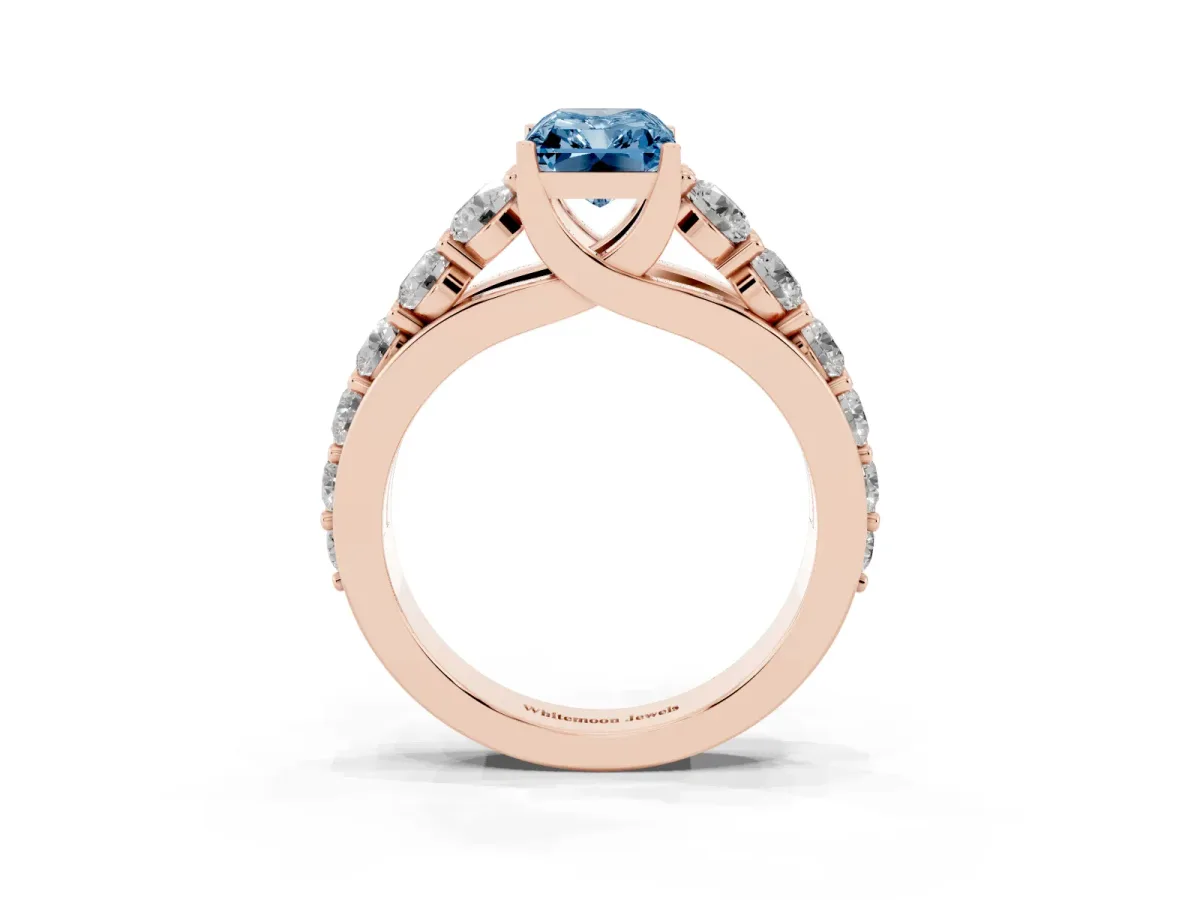 Fancy Blue Radiant Cut Diamond Engagement Ring with Pavé Band and Four-Prong Setting Rose gold