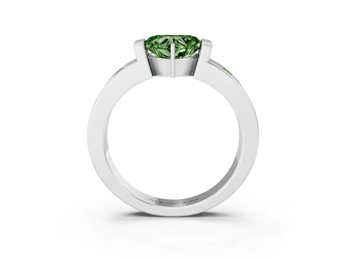 Fancy Green Heart Cut Brilliant Channel-Set Diamond Ring with Bezel Prong Setting Silver