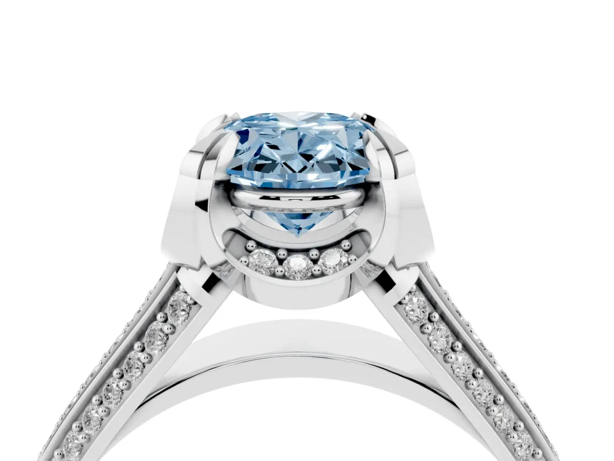 Fancy Blue Oval Cut Solitaire Pave Split Shank Ring with Four-Prong Setting White gold