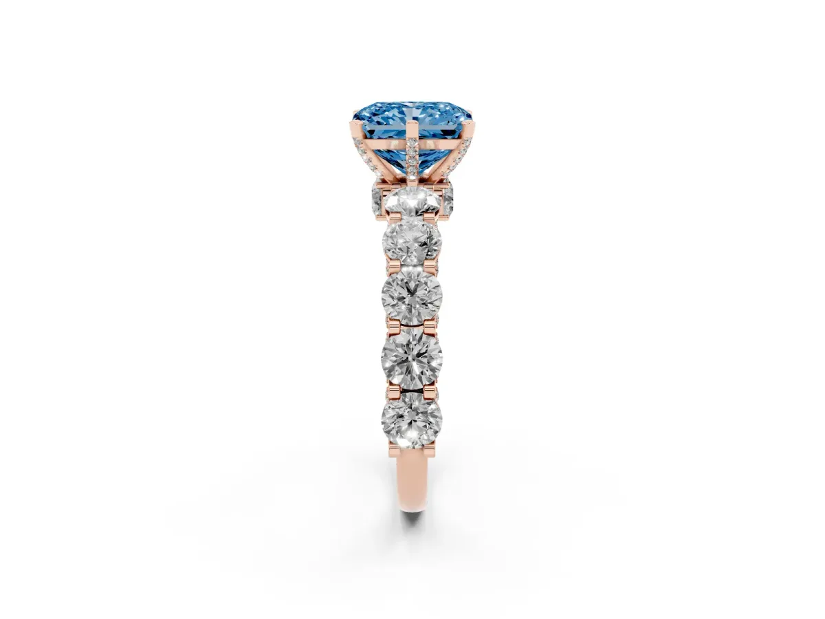 Fancy Blue Radiant Cut Diamond Side Stone Engagement Ring with Four-Prong Setting Rose gold