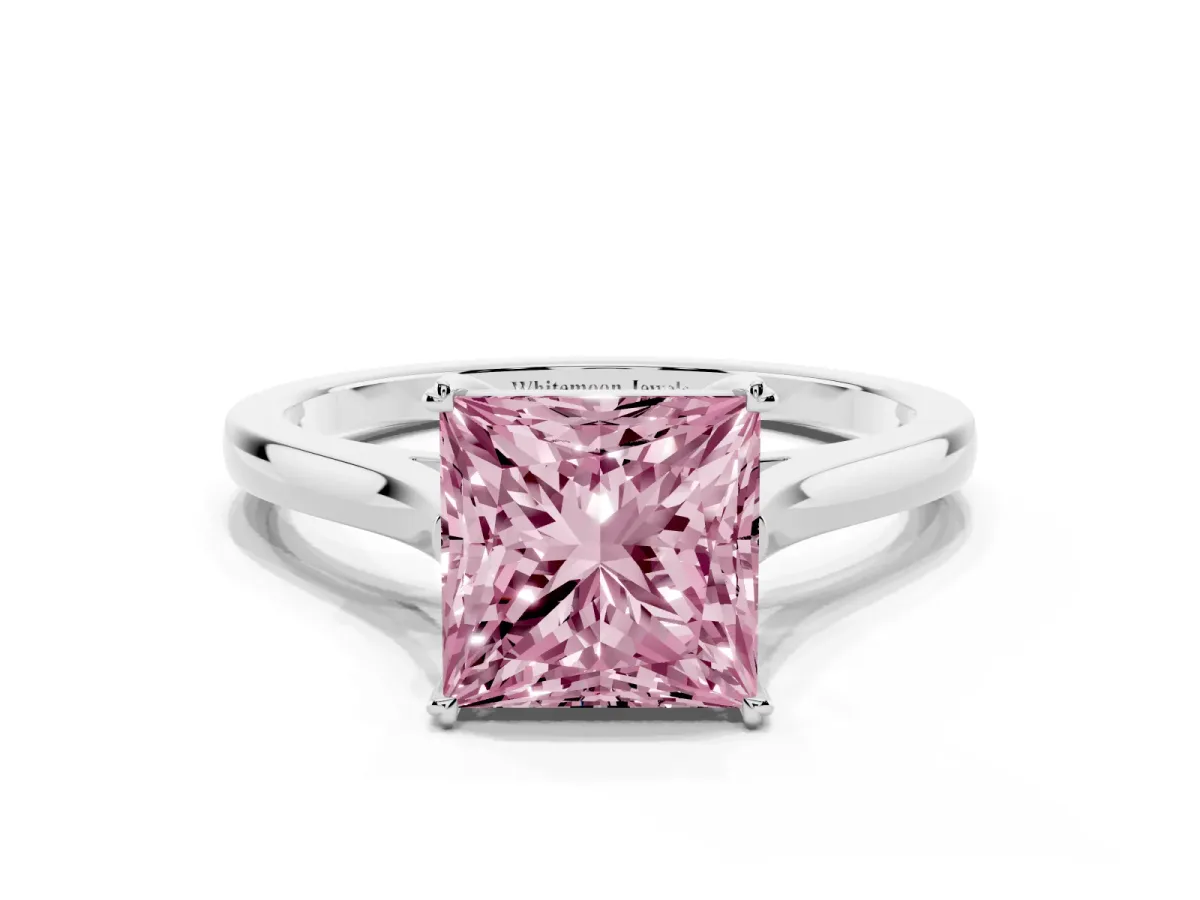 Fancy Pink Princess Cut Solitaire Heart Prong Engagement Ring with Tapered Band White gold