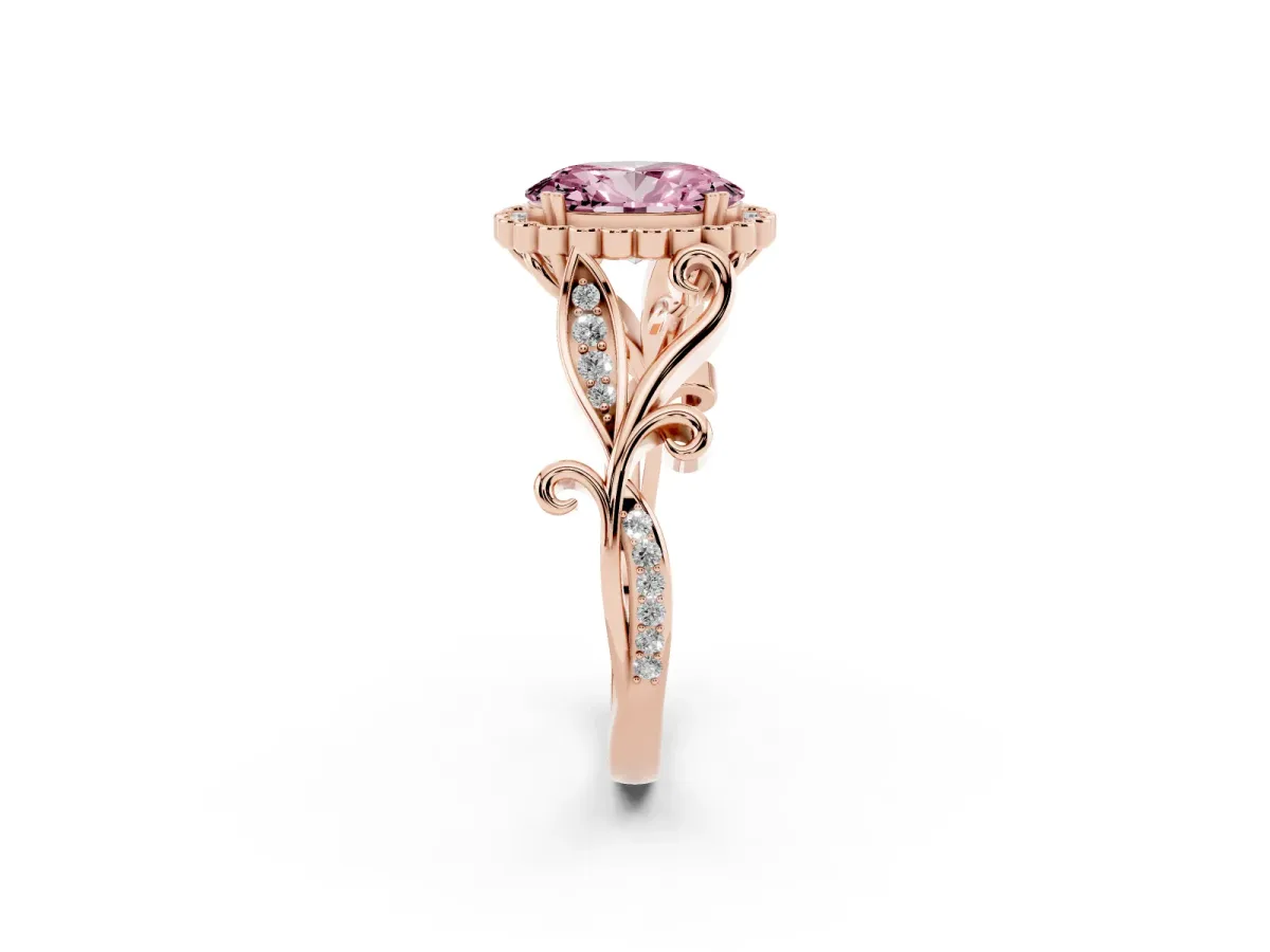 Fancy Pink Oval Cut Diamond Halo Ring with Vintage Split Shank and Four-Prong Setting Rose gold