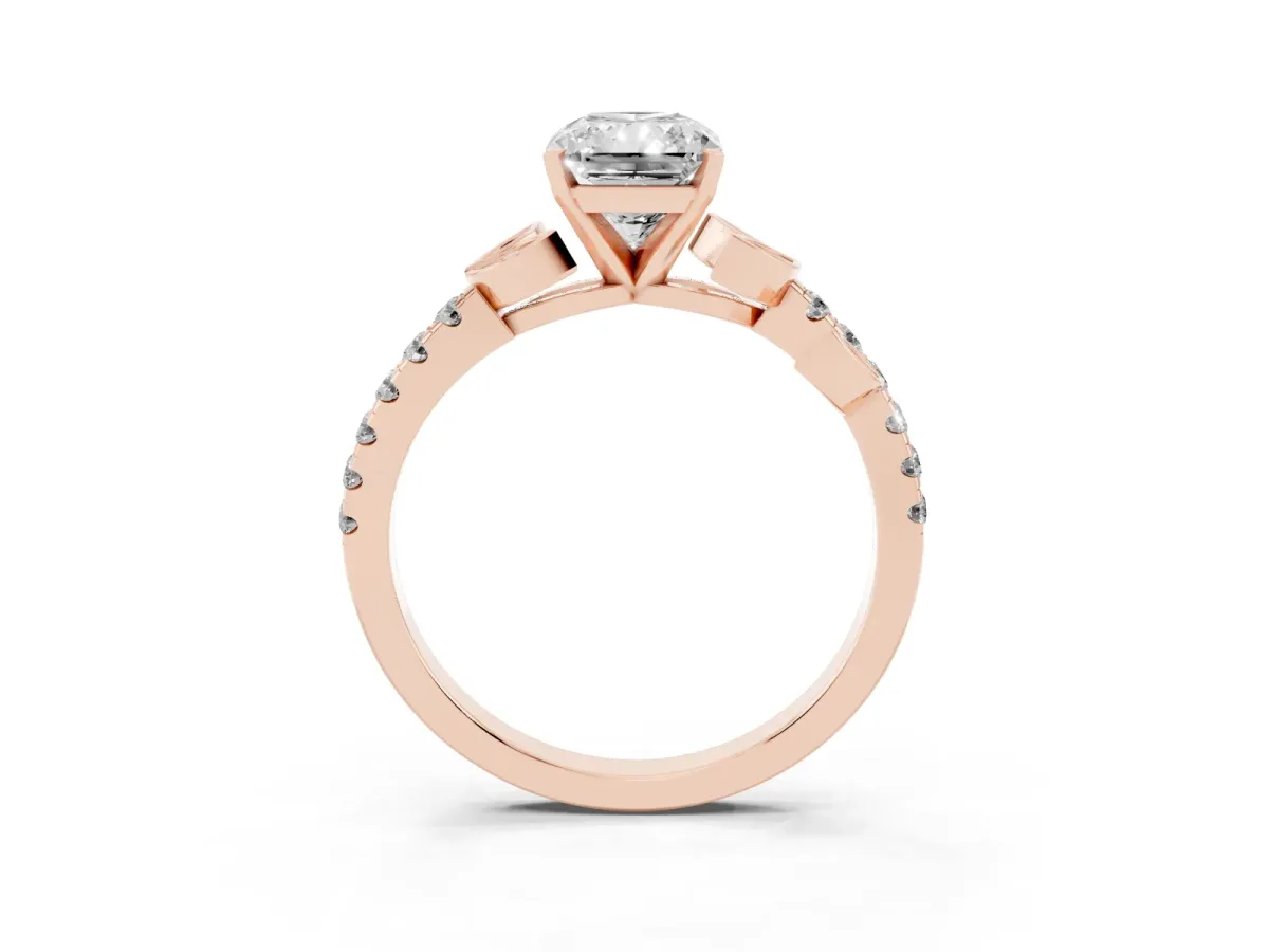 Radiant Cut Solitaire Leaf-Inspired Diamond Ring with Pavé Band and Four-Prong Setting Rose gold