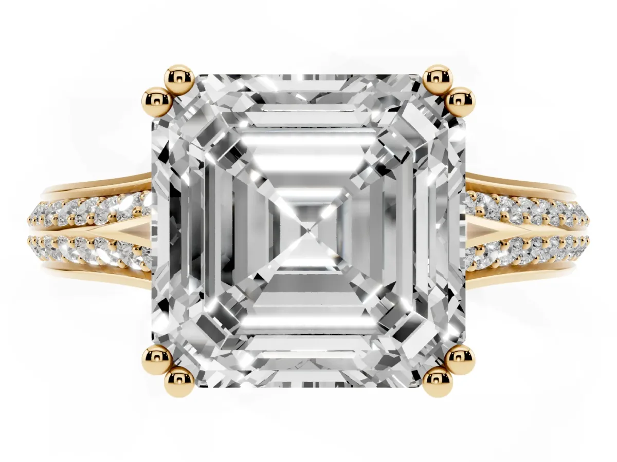 Asscher Cut Diamond Split Shank Engagement Ring with Pavé Band Yellow gold
